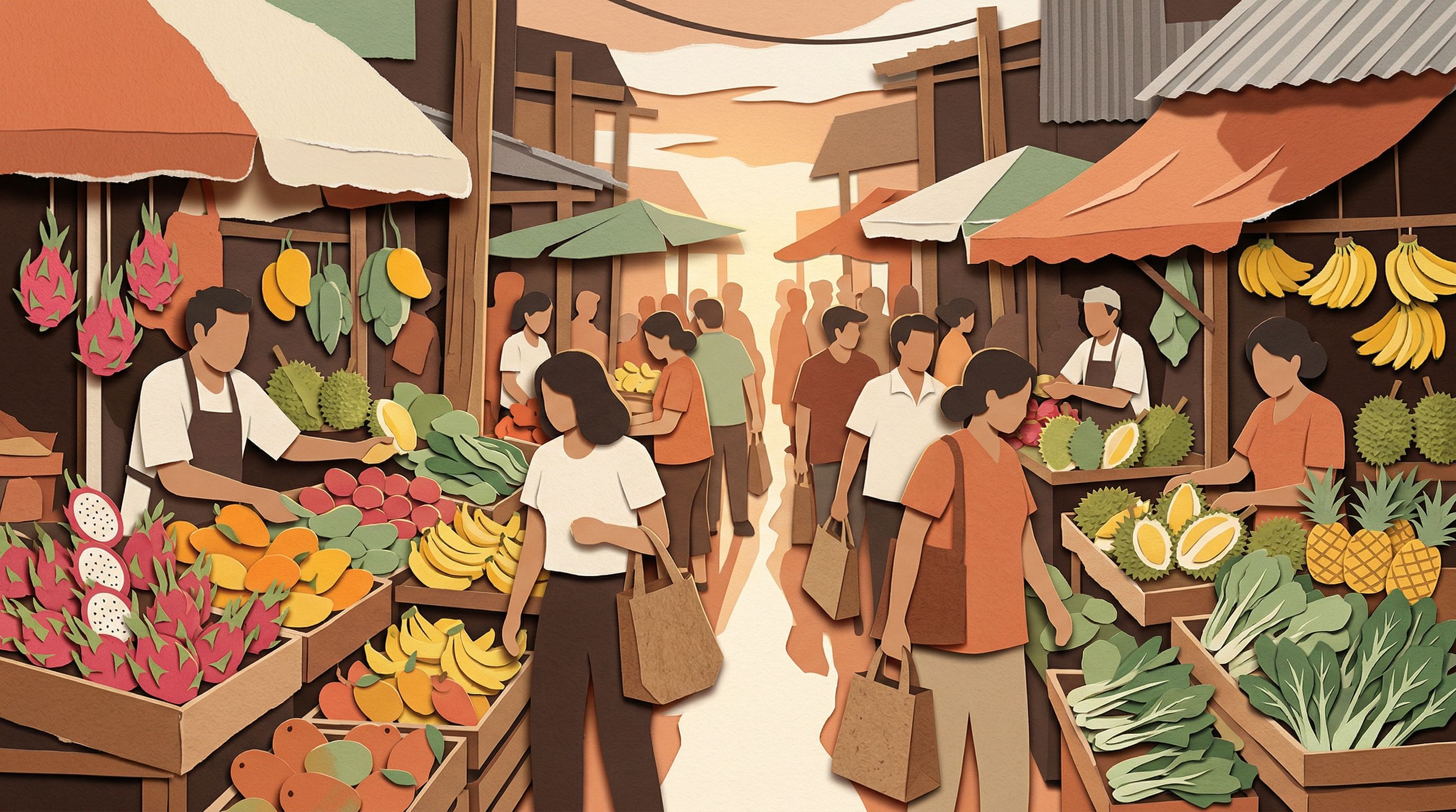 Bustling Southeast Asian market representing consumer populations