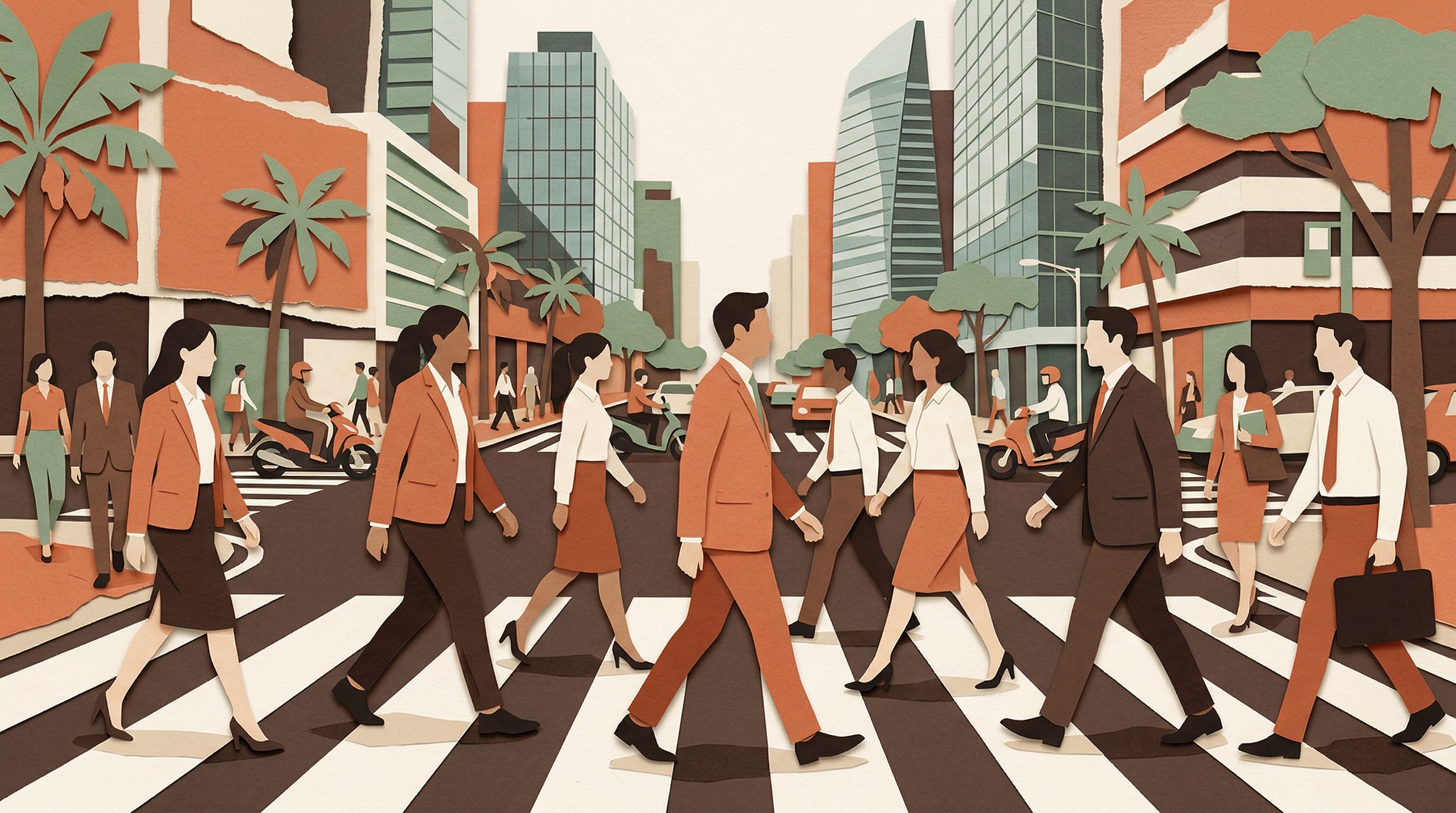 Southeast Asian professionals walking across a busy city intersection