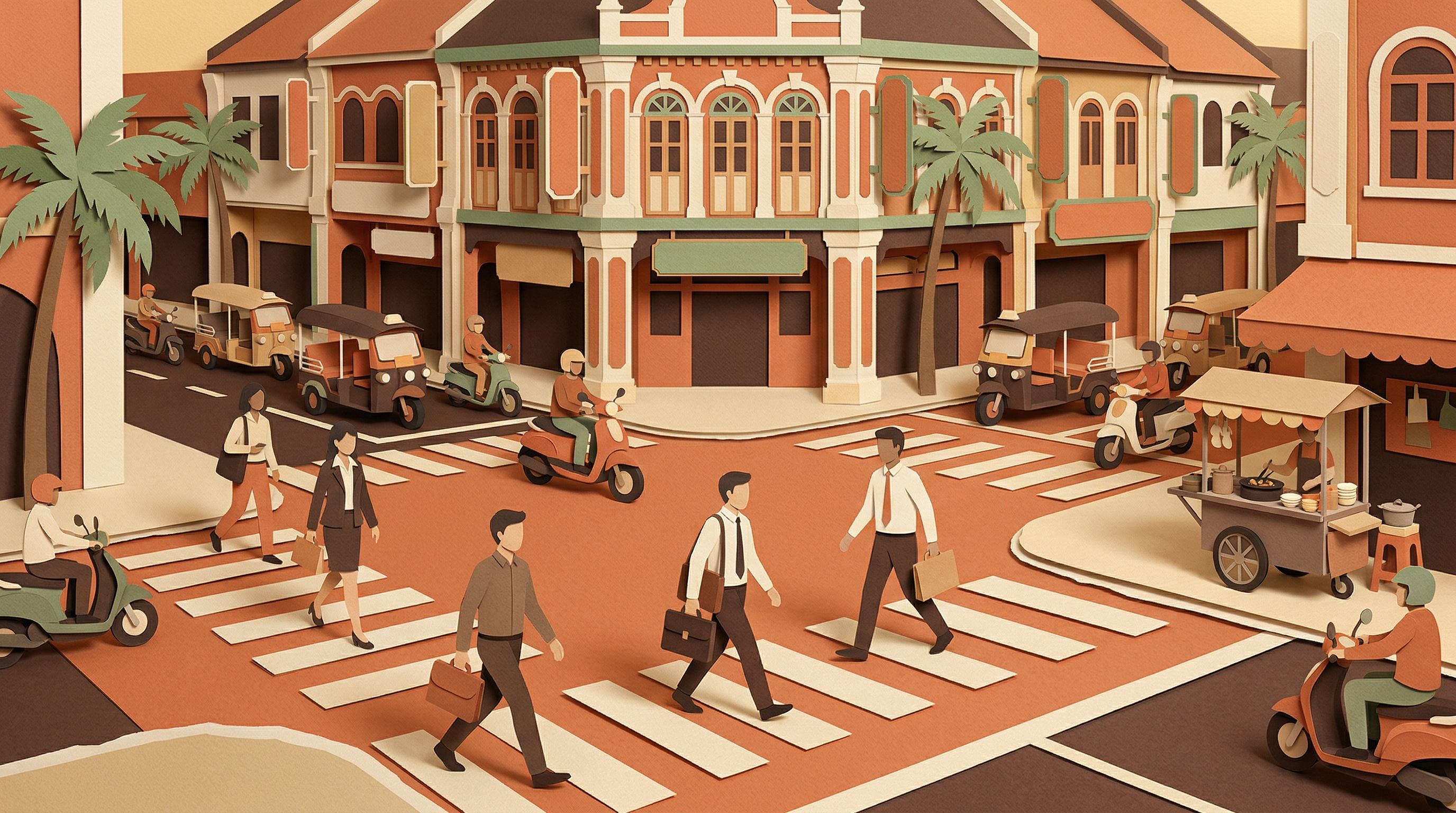 Southeast Asian shophouse intersection with tuk-tuks and professionals