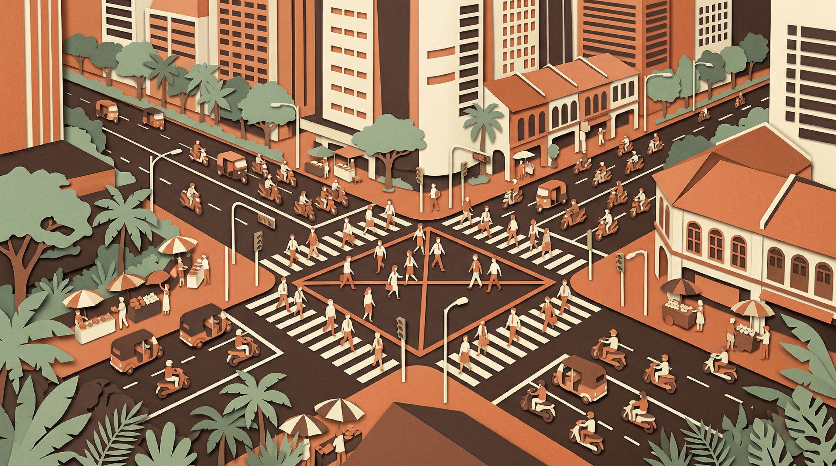 Aerial view of a busy Southeast Asian city intersection