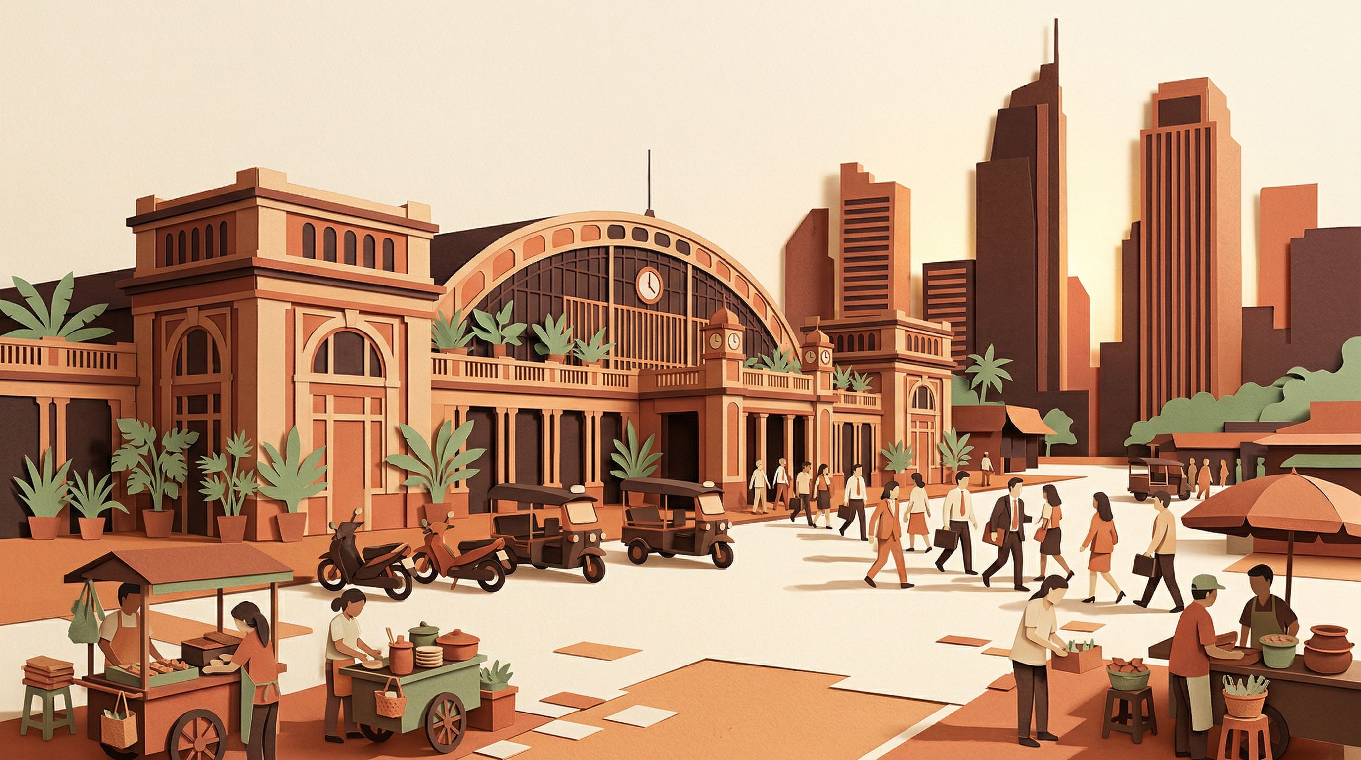 Southeast Asian train station plaza with commuters and tuk-tuks